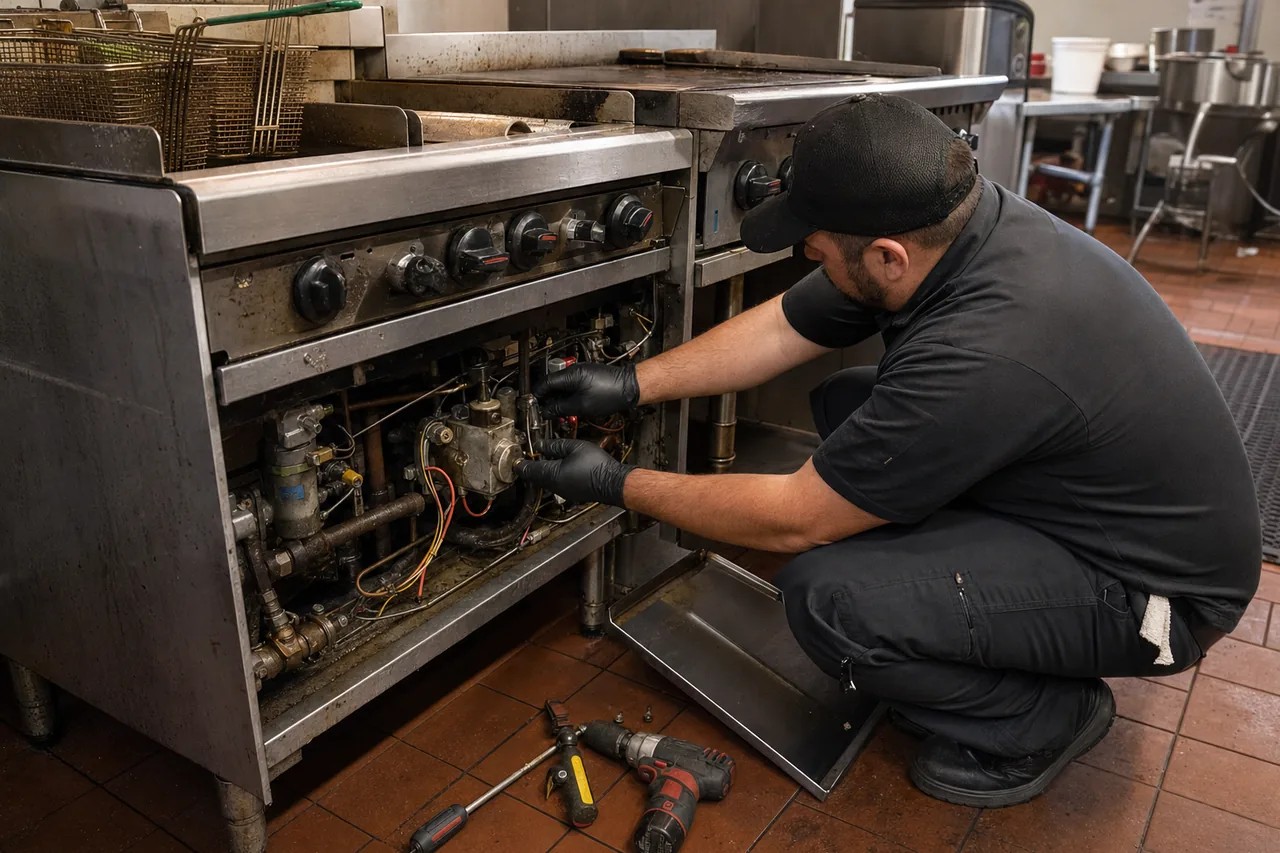 Technician servicing a commercial fryer and range line in a Yonkers kitchen