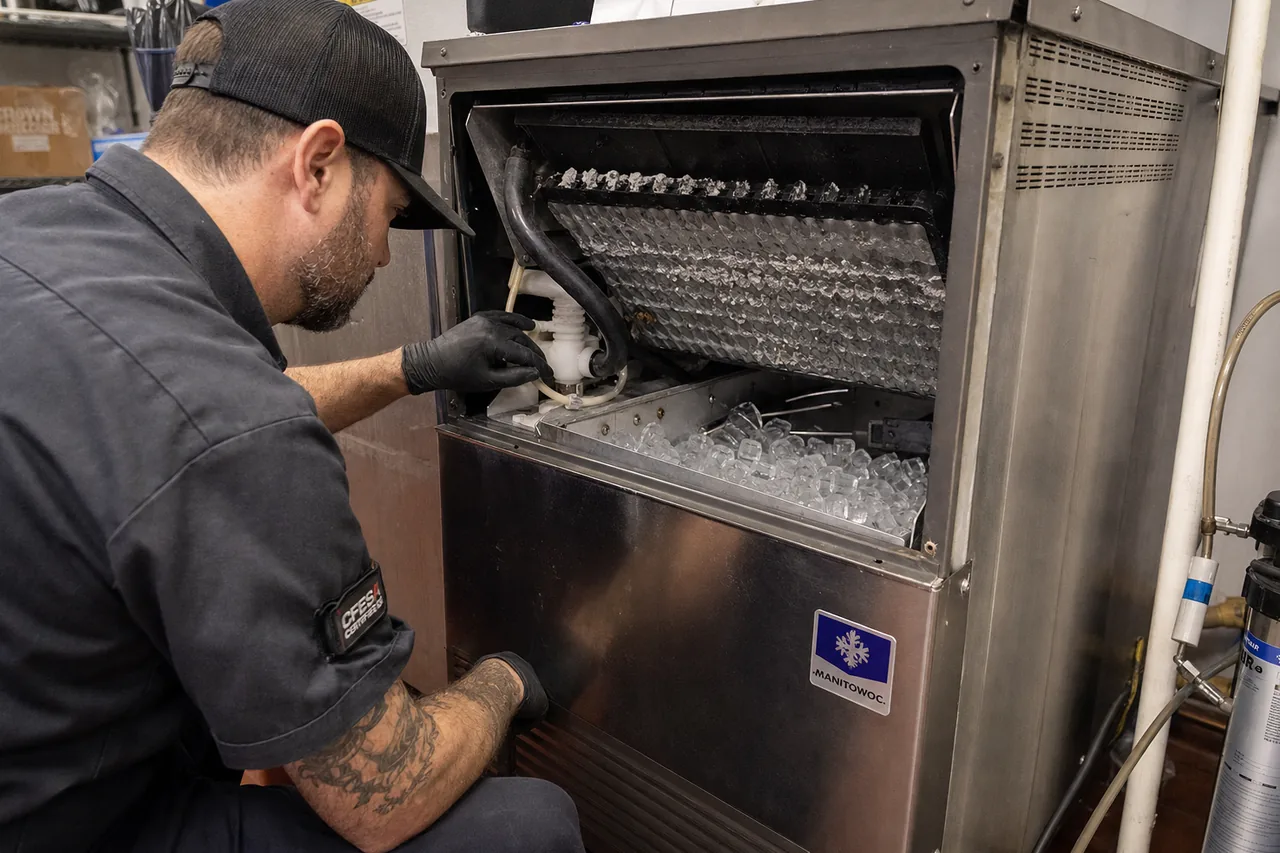 Technician servicing a commercial ice machine