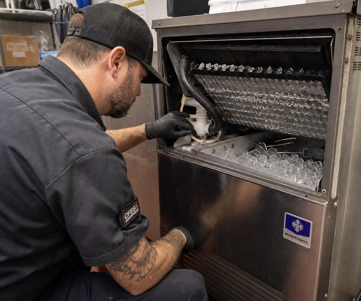 Technician servicing a commercial ice machine in a Yonkers kitchen