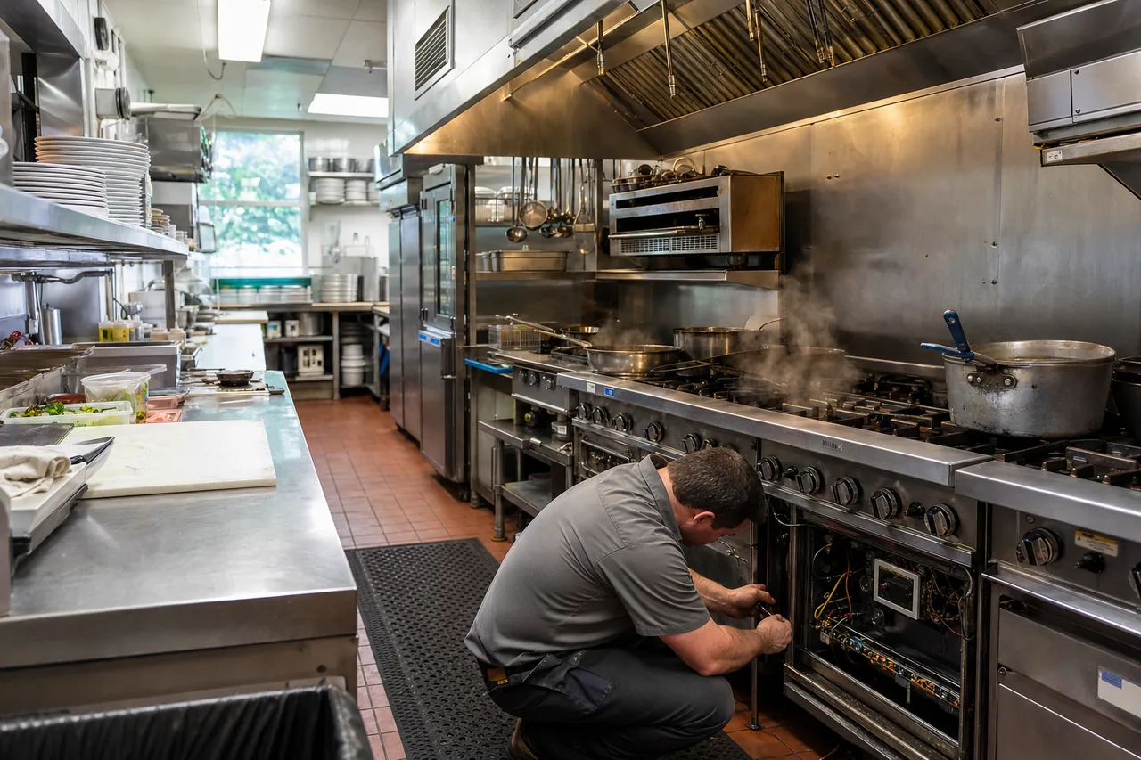 A stainless commercial kitchen line up close
