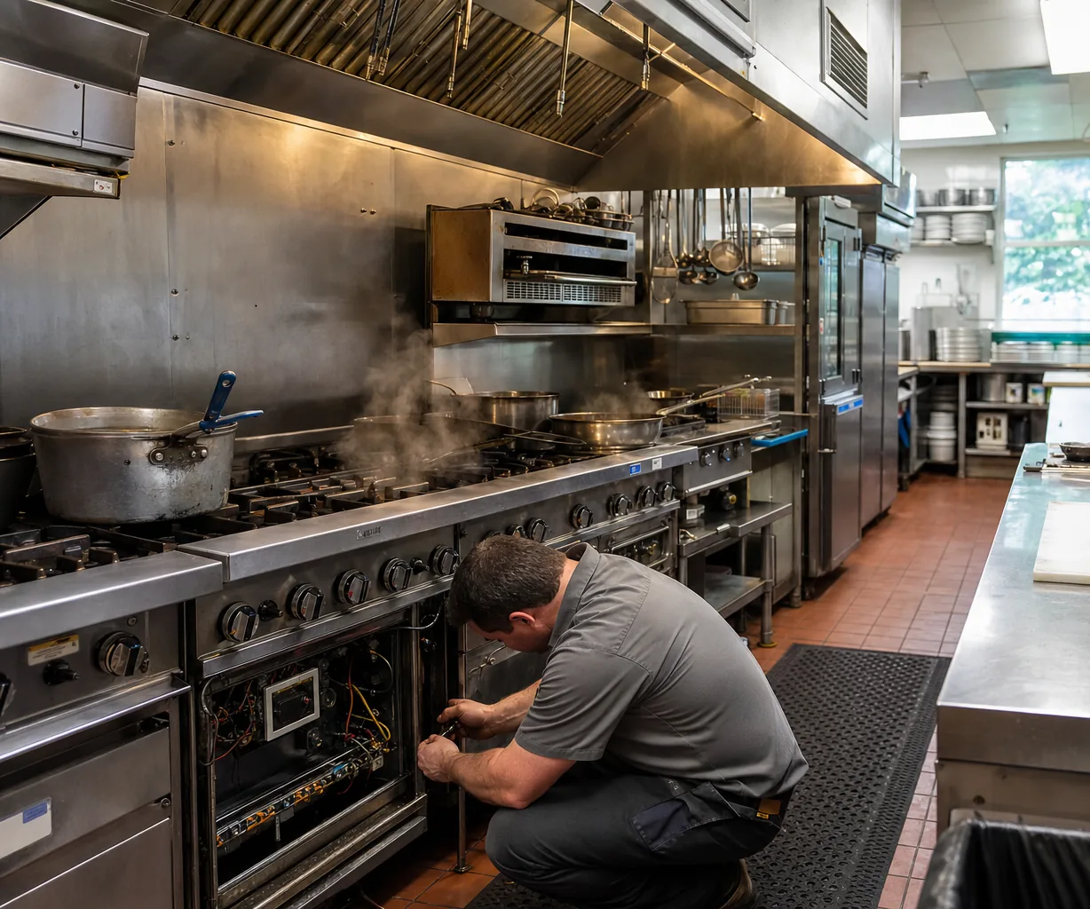 A stainless commercial kitchen line up close