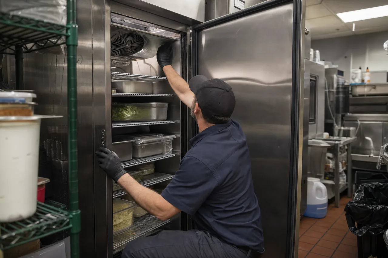 Technician servicing a commercial reach-in refrigerator on a same-day call