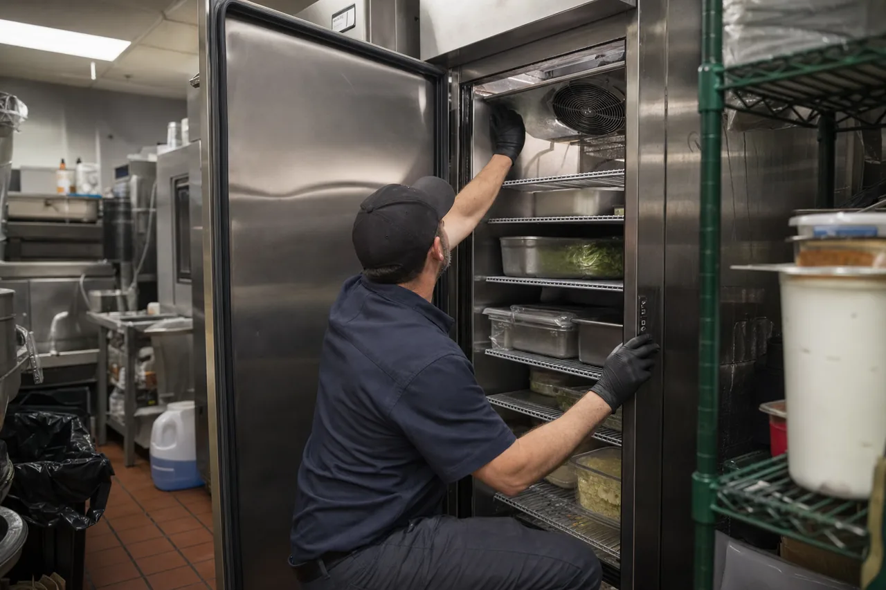 Technician servicing a commercial reach-in refrigerator up close