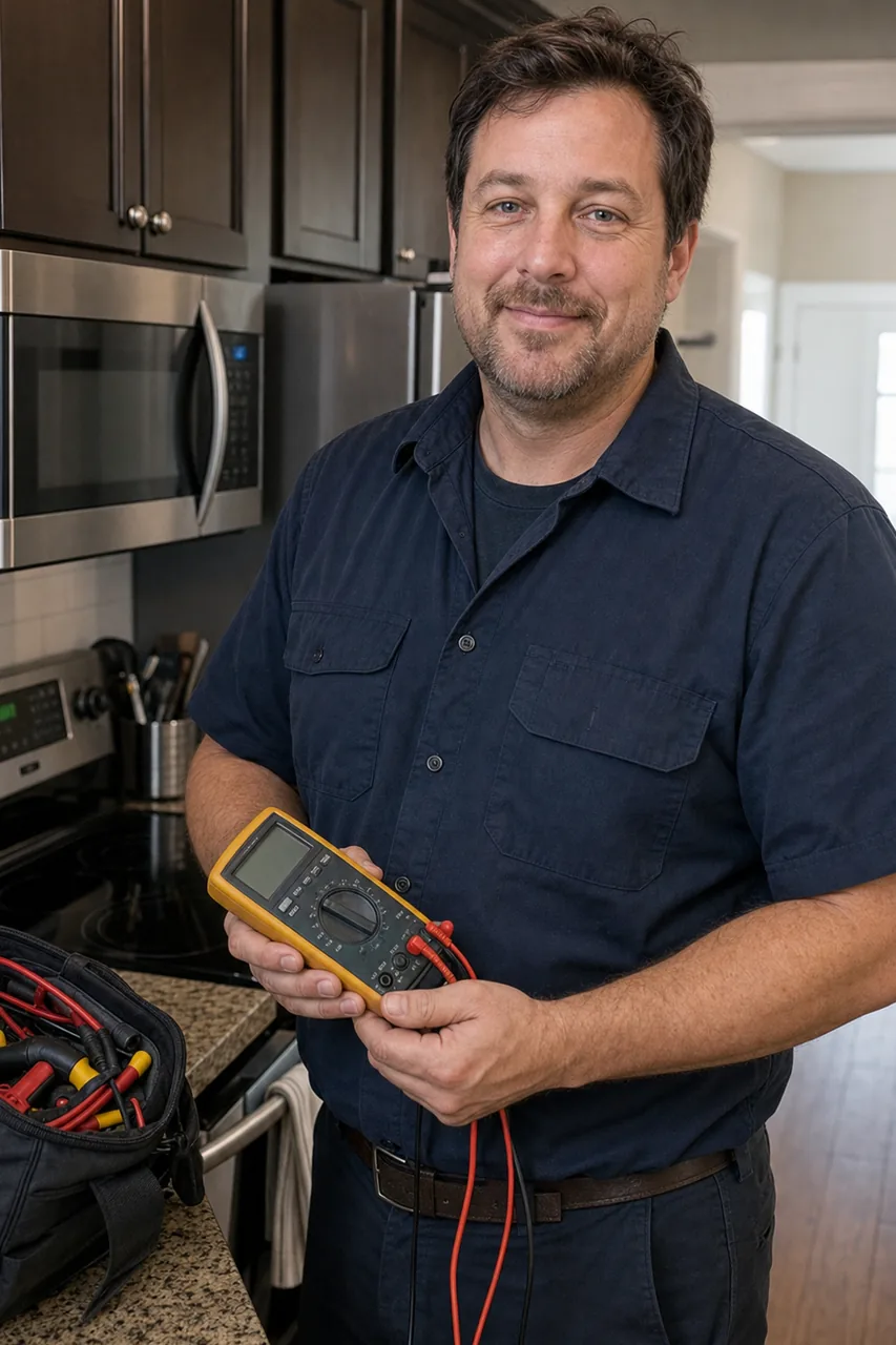 A commercial appliance technician in a Yonkers kitchen with a meter