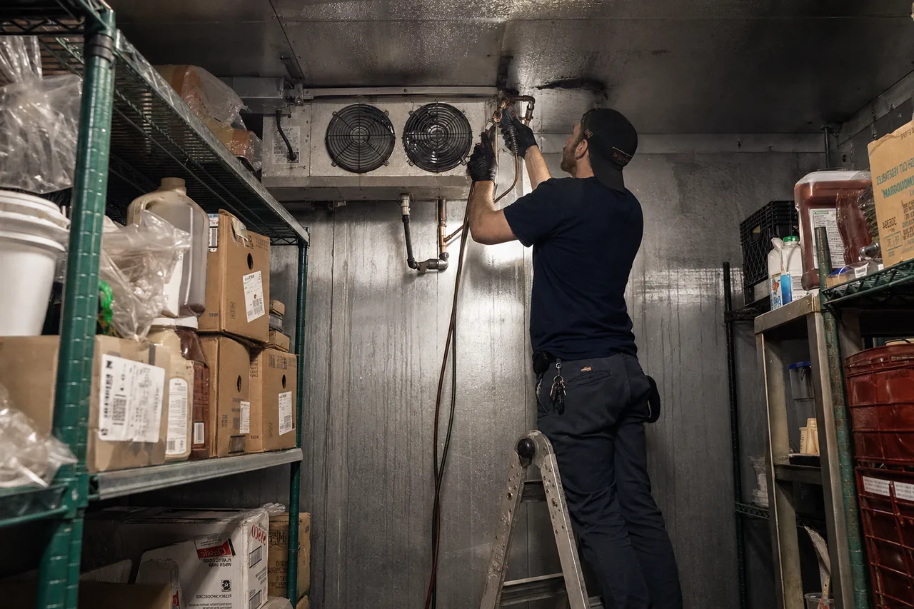 Technician servicing a walk-in cooler in a Yonkers kitchen